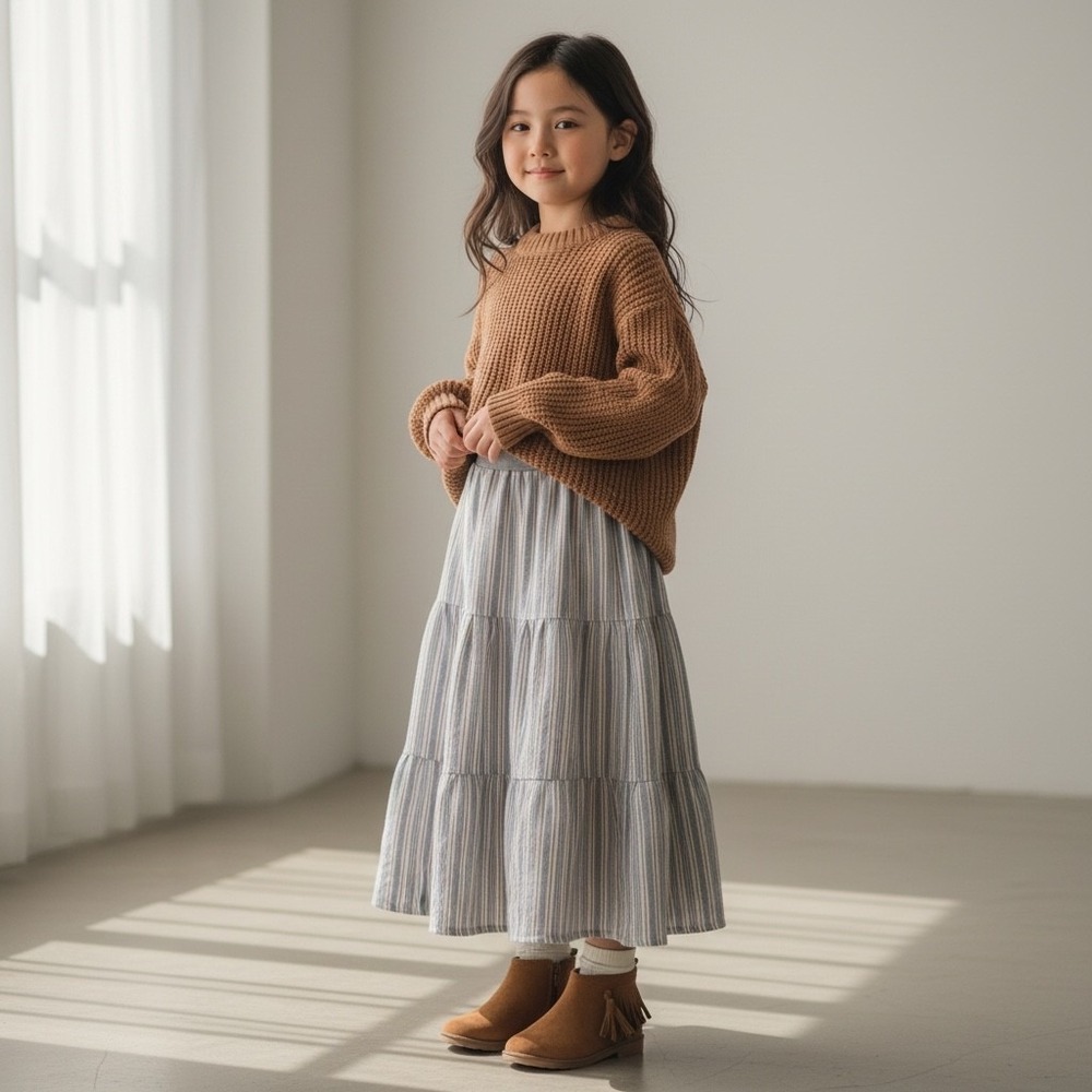 Girls Flannel Mom and Pops Kids Maxi Skirt Size 8 Blue Stripe Upcycled Tiered